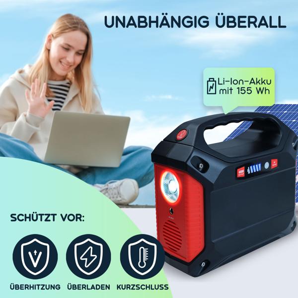 Tragbare Powerstation & Solar-Generator, 155 Wh, 180 Watt, Akku mit 230V & 12V, Leuchte, USB, Reise, Camping, Notstrom inkl. mobiles 60 Watt Solarpanel