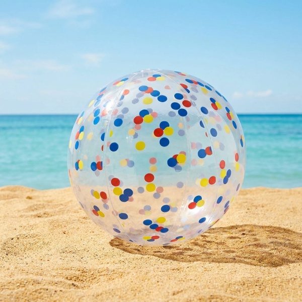 Aufblasbarer Strandball 50 cm Durchmesser - Halbdurchsichtig mit bunten Konfetti-Punkten - Aufblasbarer Wasserball für Pool, Strand und Urlaub