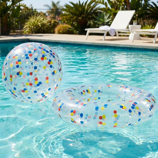 2-teiliges Pool-Set mit bunten Punkten: Aufblasbarer Schwimmring Ø 105 cm und Strandball Ø 50 cm - Halbdurchsichtiges Design für Strand & Urlaub