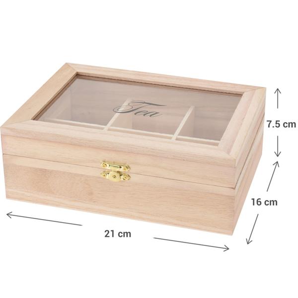 Teebeutelbox aus Holz mit 6 Fächern - Transparenter Deckel für aromafrische Lagerung & leichten Zugriff - Naturbraun - 21x16x7.5 cm