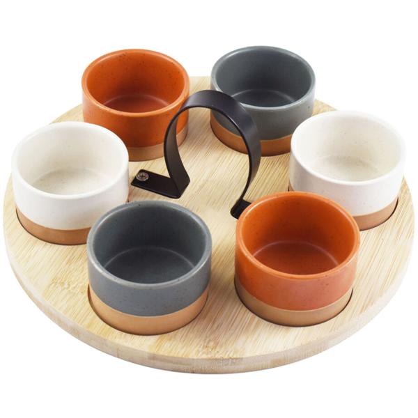 Servierplatte mit 6 Dipgläsern - Für Snacks, Dips, Fingerfood - Ideal für Apéro, Partys, Buffets - Rundes Bambustablett - 6 bunte Schälchen