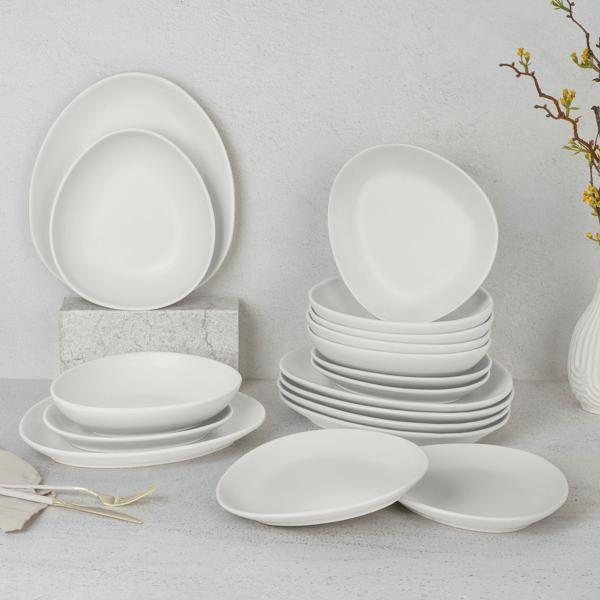Steingut Geschirrset 18-tlg. , matt-creme, 6 Personen: Speise-, Dessertteller, Schalen, edles Design für stilvolle Mahlzeiten, modern und elegant