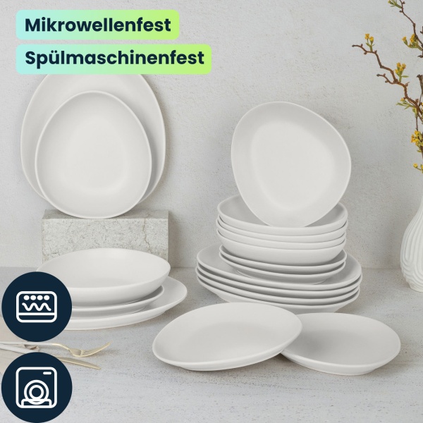 Steingut Geschirrset 18-tlg. , matt-creme, 6 Personen: Speise-, Dessertteller, Schalen, edles Design für stilvolle Mahlzeiten, modern und elegant