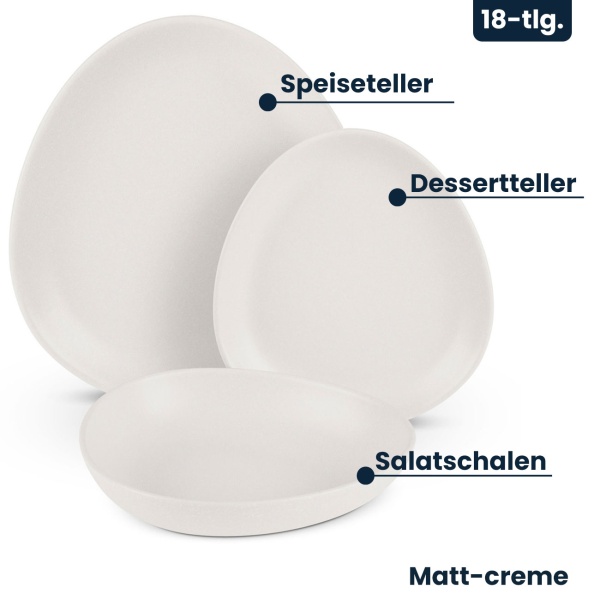 Steingut Geschirrset 18-tlg. , matt-creme, 6 Personen: Speise-, Dessertteller, Schalen, edles Design für stilvolle Mahlzeiten, modern und elegant