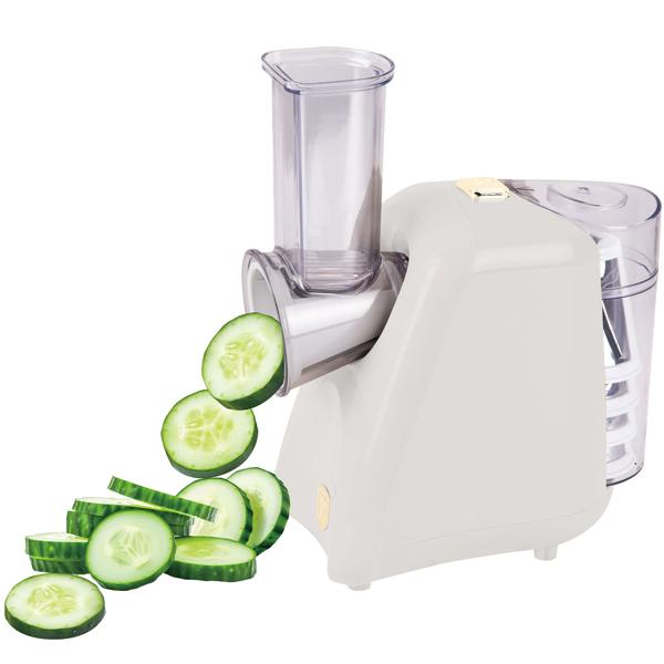 Elektrische Küchenreibe - 5 scharfe Edelstahl-Aufsätze zum Hobeln, Hacken & Reiben von Obst/Gemüse/Nüssen - 150W Leistung, creme - Zerkleinerer für Küche