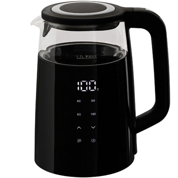 Eleganter Glas-Wasserkocher, 1.7 l, 2200 W, Borosilikat-Glas, modernes Touch Display, schwarz, silber, transparent, Warmhaltefunktion