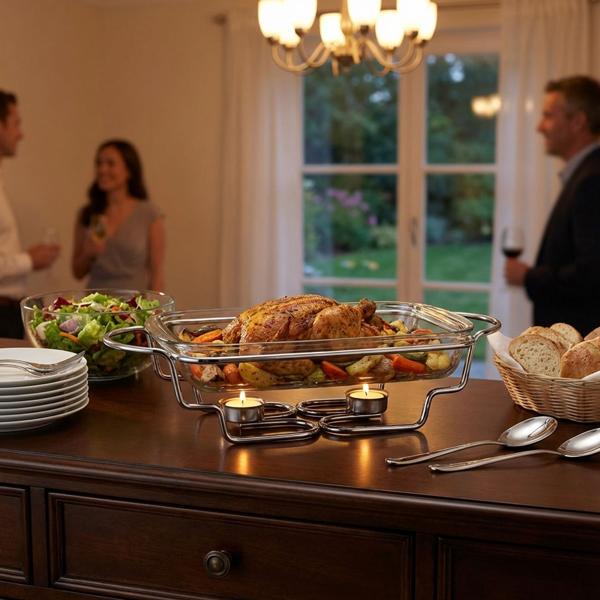 Premium Edelstahl Speisewärmer, 3 Liter, mit transparentem Glasdeckel: Ofenfest, inkl. Ständer und Teelichter, ideal für warme Buffets