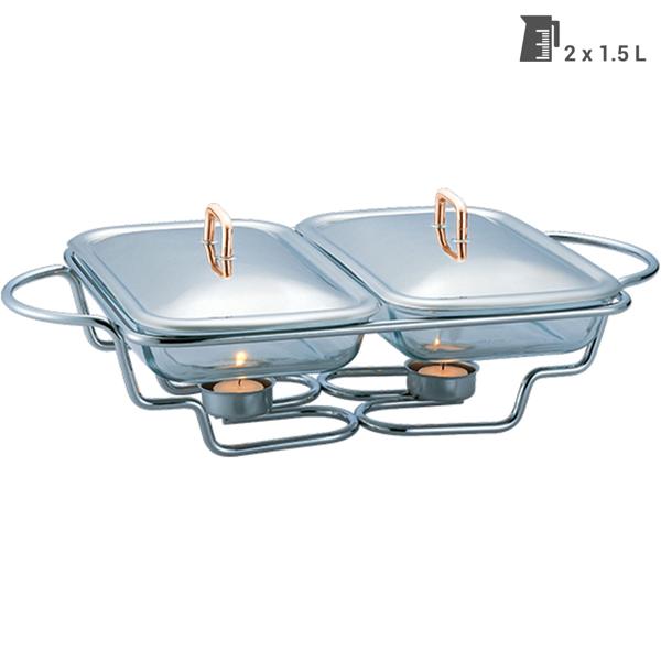 Premium Edelstahl Speisewärmer, 2 x 1,5 Liter Schalen, mit transparenten Glasdeckeln: Ofenfest, inkl. Ständer und Teelichter, ideal für warme Buffets