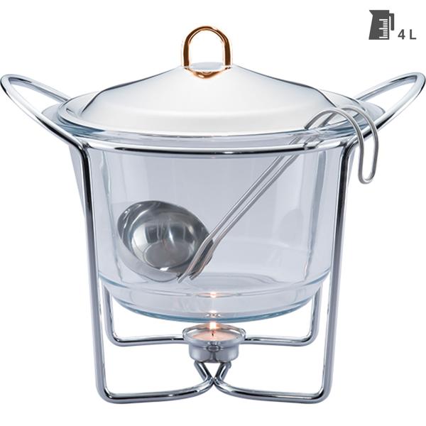 Premium Edelstahl und Glas Suppenwärmer, 4 Liter Behälter, transparent mit Glasdeckel: Ofenfest, inkl. Ständer und Teelichter, ideal für warme Buffets