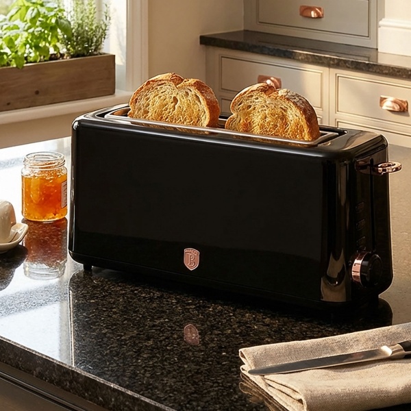 Stylischer Langschlitztoaster schwarz-roségold (980W) - 6 präzise Röststufen plus Aufwärm- & Auftaufunktion für perfekten Toast-Genuss jeden Tag