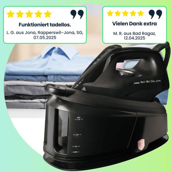 Leistungsstarke Dampfbügelstation, 5 Bar, 2200W, schwarz – Keramik Bügelsohle, Anti-Kalk, Selbstreinigung, schnelles & effektives Bügeln