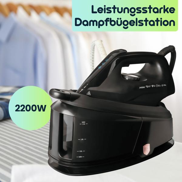 Leistungsstarke Dampfbügelstation, 5 Bar, 2200W, schwarz – Keramik Bügelsohle, Anti-Kalk, Selbstreinigung, schnelles & effektives Bügeln