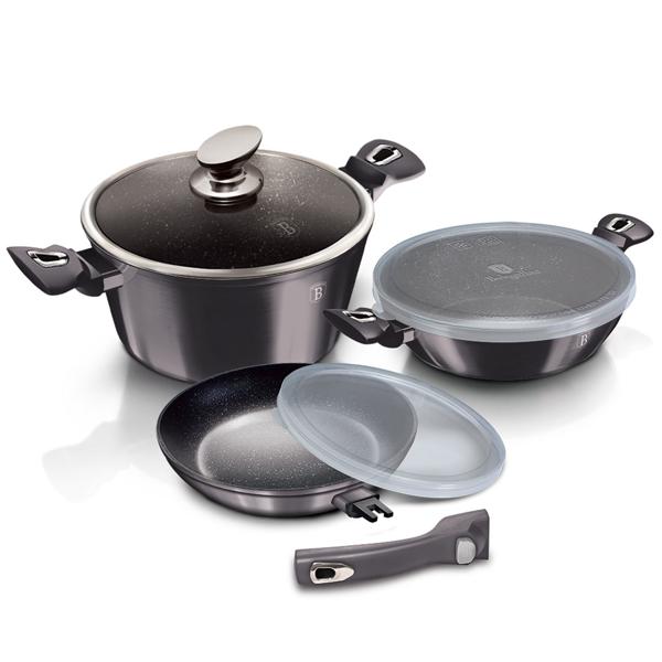 Hochwertiges 3-tlg. Topf- & Pfannen-Set: Aluminium, Deckel, abnehmbarer Griff, edles schwarz & Kunststoff-Abdeckungen - platzsparend und praktisch