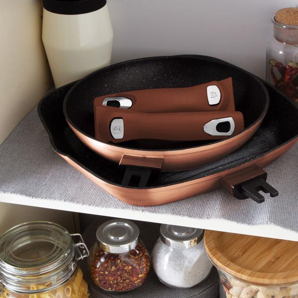 Innovatives Pfannen-Set: Designer Bronze, 3-teilig, Aluminium, 2 Brat- & 1 Grillpfanne, 2 clevere Deckel, abnehmbarer Griff - So macht Kochen Spass