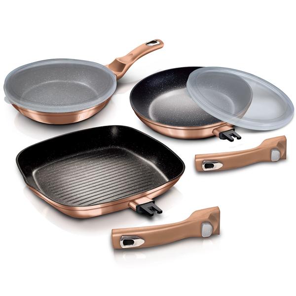Innovatives Pfannen-Set: Designer Bronze, 3-teilig, Aluminium, 2 Brat- & 1 Grillpfanne, 2 clevere Deckel, abnehmbarer Griff - So macht Kochen Spass