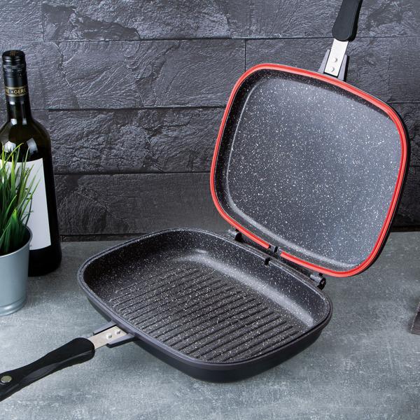 Doppel-Bratpfanne - Ø 32 cm Wendepfanne mit Gummidichtring & Magnetverschluss - Antihaft-Marmorbeschichtung - Induktionsgeeignet & PFOA-frei