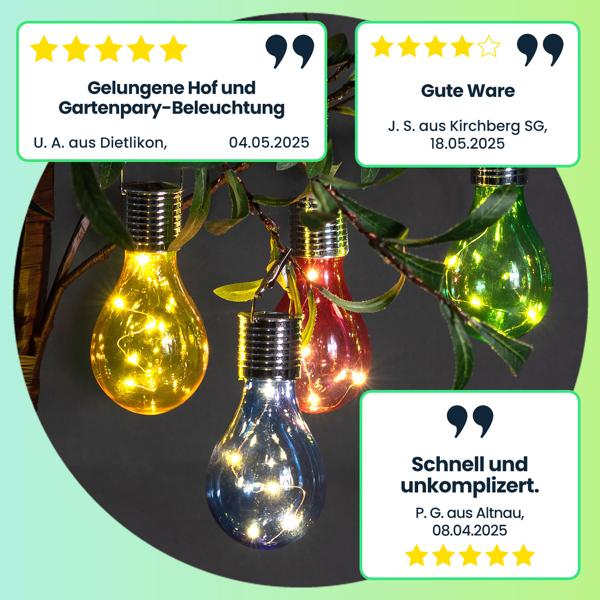 Solar LED Lampe in Glühbirnen Form, 4er-Set, bunt, Ø 7,5 x H 15 cm, Deko Glühbirne mit Drahtlichterkette für edle Lichteffekte, Partyleuchten