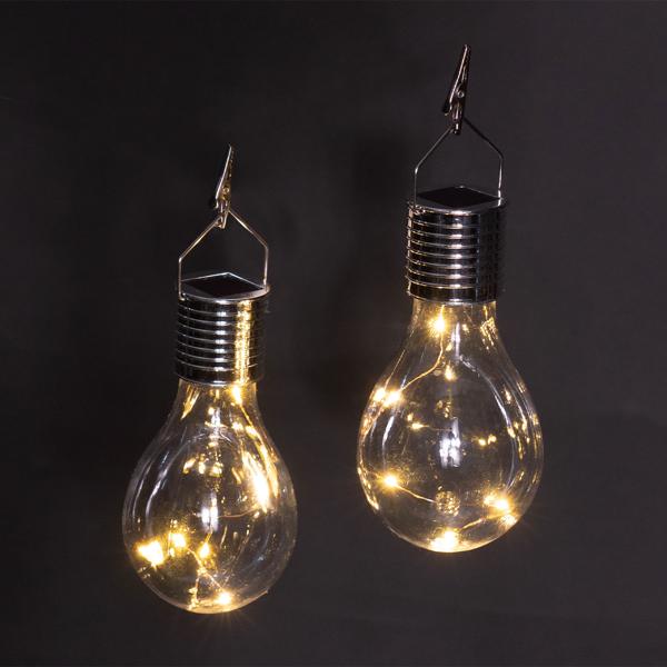 Solar-LED-Lampe in Glühbirnen-Form, 2er-Set, warmweiss, Ø 7,5 x H 15 cm, Deko-Glühbirne mit Drahtlichterkette