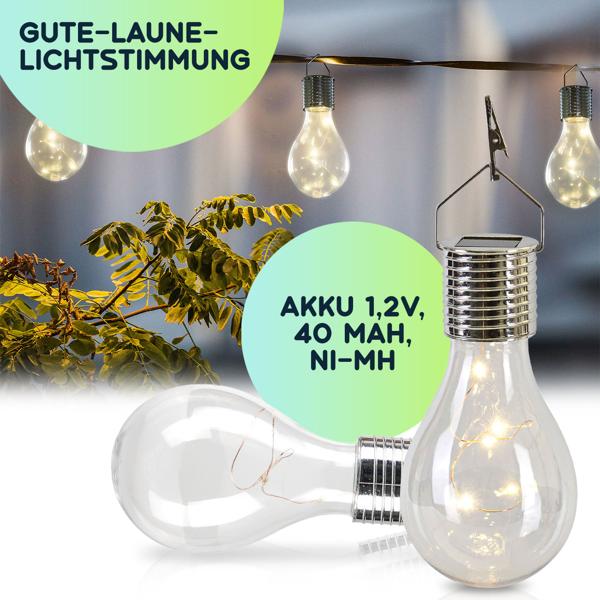 Solar-LED-Lampe in Glühbirnen-Form, 2er-Set, warmweiss, Ø 7,5 x H 15 cm, Deko-Glühbirne mit Drahtlichterkette