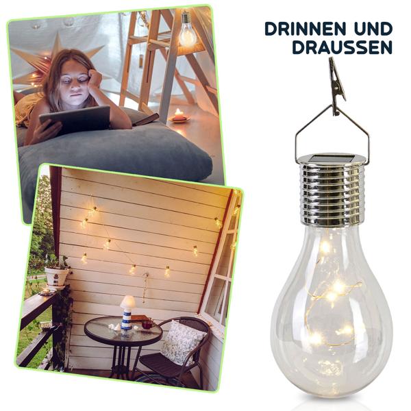 Solar-LED-Lampe in Glühbirnen-Form, 2er-Set, warmweiss, Ø 7,5 x H 15 cm, Deko-Glühbirne mit Drahtlichterkette