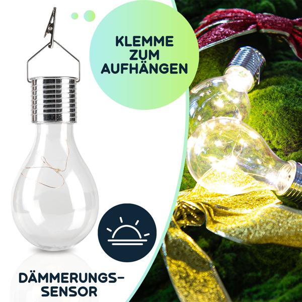 Solar-LED-Lampe in Glühbirnen-Form, 2er-Set, warmweiss, Ø 7,5 x H 15 cm, Deko-Glühbirne mit Drahtlichterkette