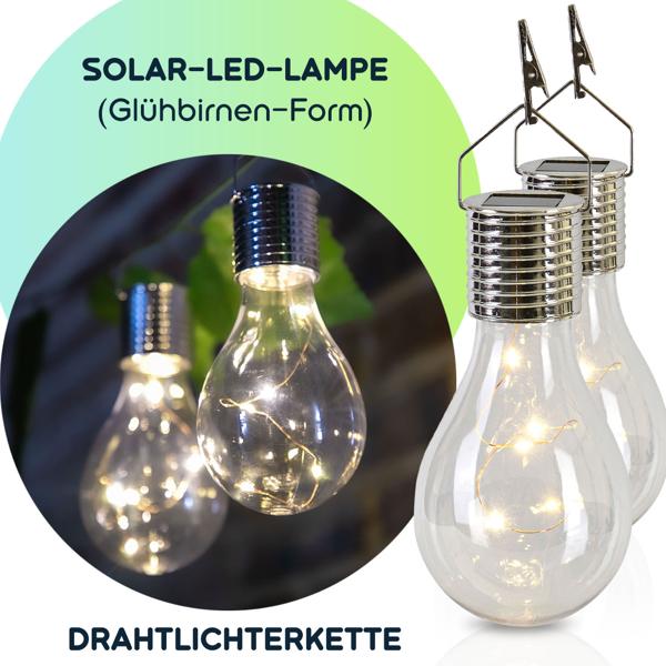 Solar-LED-Lampe in Glühbirnen-Form, 2er-Set, warmweiss, Ø 7,5 x H 15 cm, Deko-Glühbirne mit Drahtlichterkette