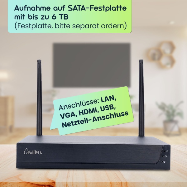 2K Funk-Überwachungssystem Set mit 4 Schwenk-Kameras – Personenerkennung gegen Fehlalarme, 25m Nachtsicht, IP66 Wetterfest, App-Zugriff & Rekorder