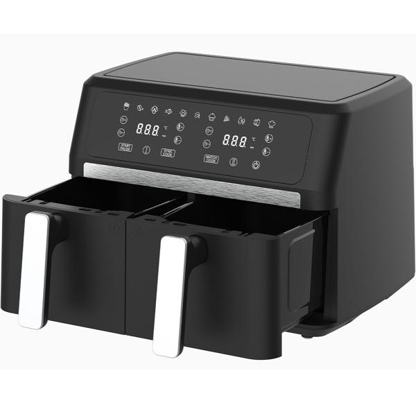 Premium Doppelkorb Heissluftfritteuse, Dual Zone, 2x 4,5 l - Air Fryer Edelstahl / ABS, 11 Kochprogramme, LED Touch Display, Antihaft, starke 2400W 