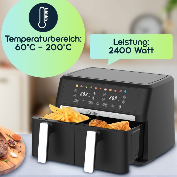 Premium Doppelkorb Heissluftfritteuse, Dual Zone, 2x 4,5 l - Air Fryer Edelstahl / ABS, 11 Kochprogramme, LED Touch Display, Antihaft, starke 2400W 