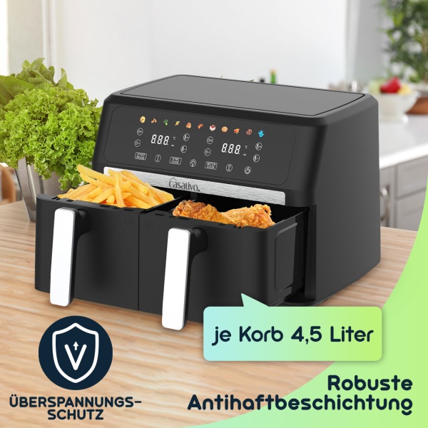 Premium Doppelkorb Heissluftfritteuse, Dual Zone, 2x 4,5 l - Air Fryer Edelstahl / ABS, 11 Kochprogramme, LED Touch Display, Antihaft, starke 2400W 