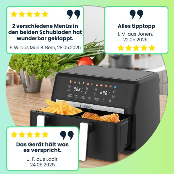 Premium Doppelkorb Heissluftfritteuse, Dual Zone, 2x 4,5 l - Air Fryer Edelstahl / ABS, 11 Kochprogramme, LED Touch Display, Antihaft, starke 2400W 