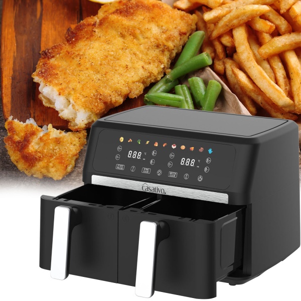 Premium Doppelkorb Heissluftfritteuse, Dual Zone, 2x 4,5 l - Air Fryer Edelstahl / ABS, 11 Kochprogramme, LED Touch Display, Antihaft, starke 2400W 