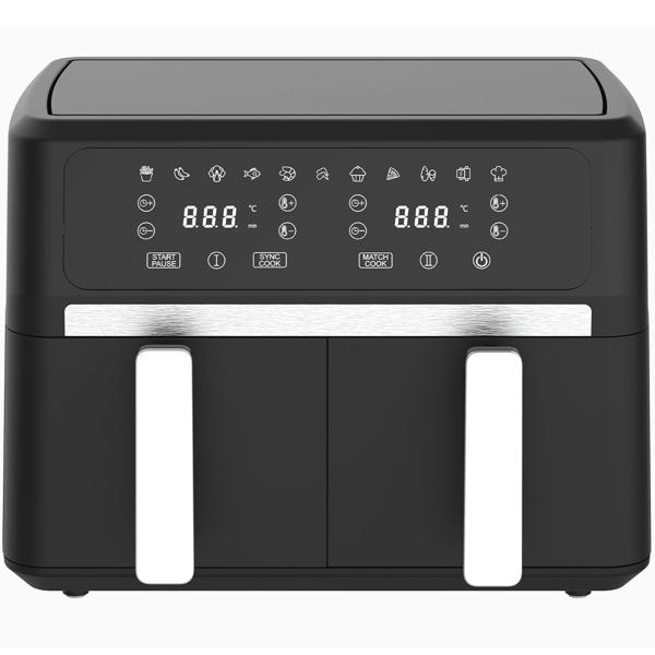 Premium Doppelkorb Heissluftfritteuse, Dual Zone, 2x 4,5 l - Air Fryer Edelstahl / ABS, 11 Kochprogramme, LED Touch Display, Antihaft, starke 2400W 