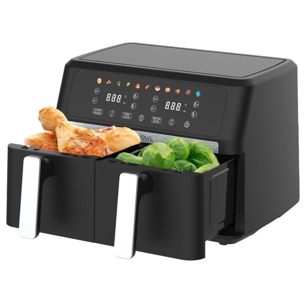 Premium Doppelkorb Heissluftfritteuse, Dual Zone, 2x 4,5 l - Air Fryer Edelstahl / ABS, 11 Kochprogramme, LED Touch Display, Antihaft, starke 2400W 