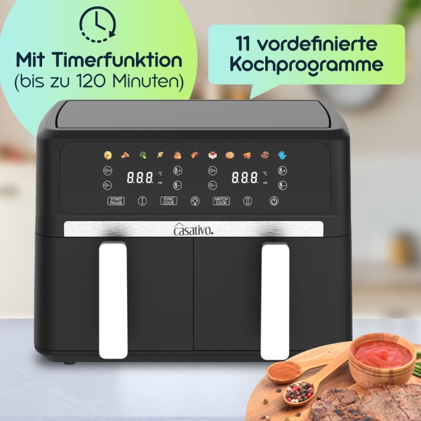 Premium Doppelkorb Heissluftfritteuse, Dual Zone, 2x 4,5 l - Air Fryer Edelstahl / ABS, 11 Kochprogramme, LED Touch Display, Antihaft, starke 2400W 