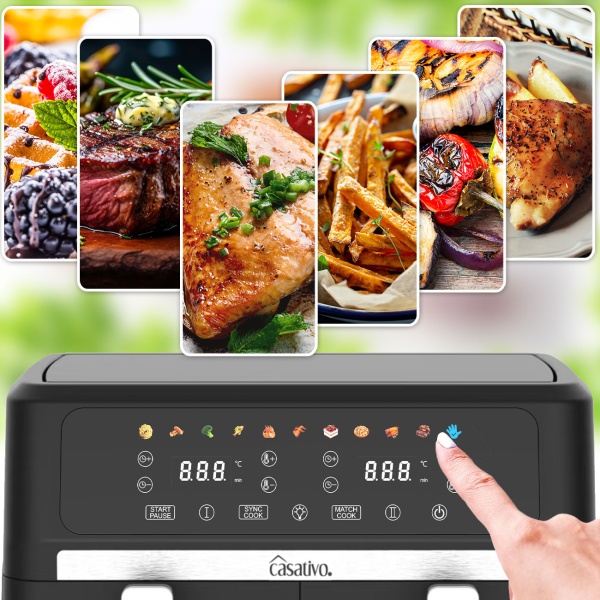 Premium Doppelkorb Heissluftfritteuse, Dual Zone, 2x 4,5 l - Air Fryer Edelstahl / ABS, 11 Kochprogramme, LED Touch Display, Antihaft, starke 2400W 