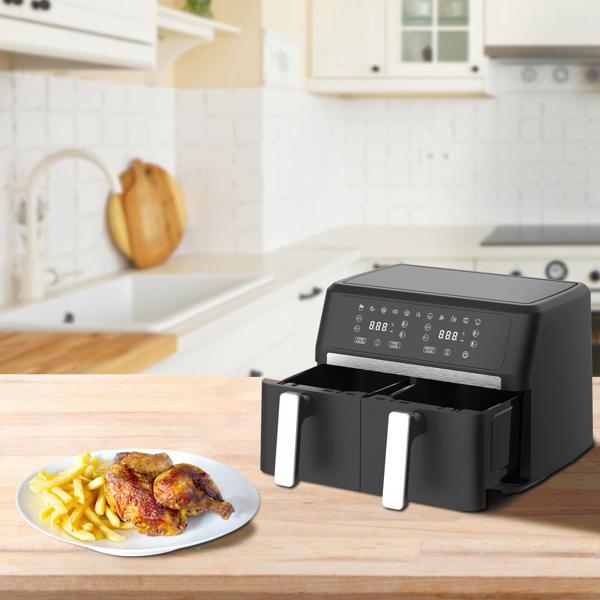 Premium Doppelkorb Heissluftfritteuse, Dual Zone, 2x 4,5 l - Air Fryer Edelstahl / ABS, 11 Kochprogramme, LED Touch Display, Antihaft, starke 2400W 