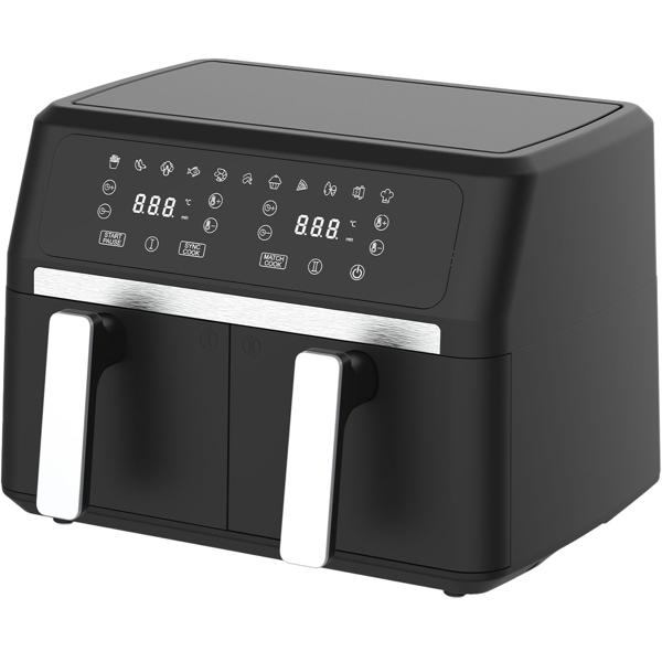 Premium Doppelkorb Heissluftfritteuse, Dual Zone, 2x 4,5 l - Air Fryer Edelstahl / ABS, 11 Kochprogramme, LED Touch Display, Antihaft, starke 2400W 