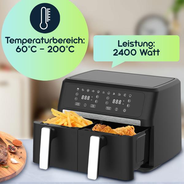 Premium Doppelkorb Heissluftfritteuse, Dual Zone, 2x 4,5 l - Air Fryer Edelstahl / ABS, 11 Kochprogramme, LED Touch Display, Antihaft, starke 2400W 