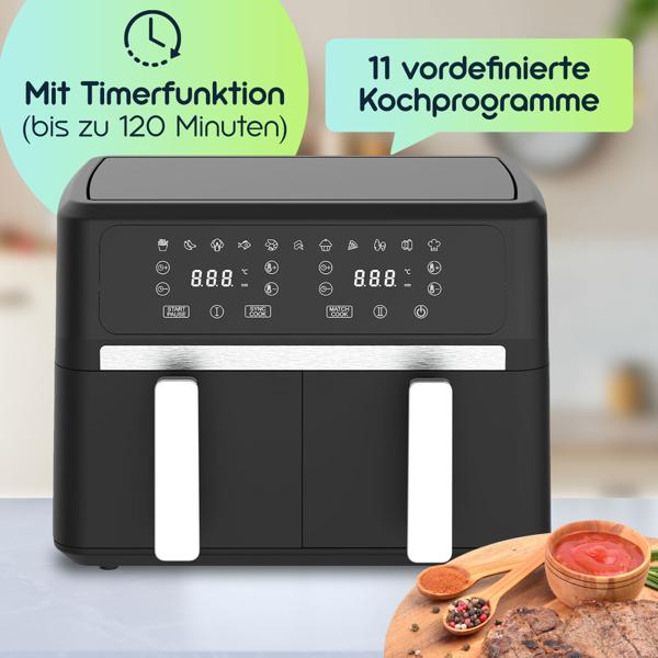 Premium Doppelkorb Heissluftfritteuse, Dual Zone, 2x 4,5 l - Air Fryer Edelstahl / ABS, 11 Kochprogramme, LED Touch Display, Antihaft, starke 2400W 