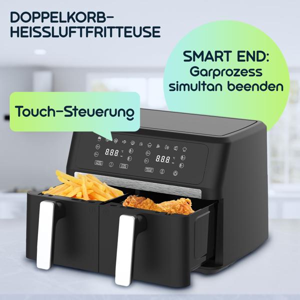 Premium Doppelkorb Heissluftfritteuse, Dual Zone, 2x 4,5 l - Air Fryer Edelstahl / ABS, 11 Kochprogramme, LED Touch Display, Antihaft, starke 2400W 