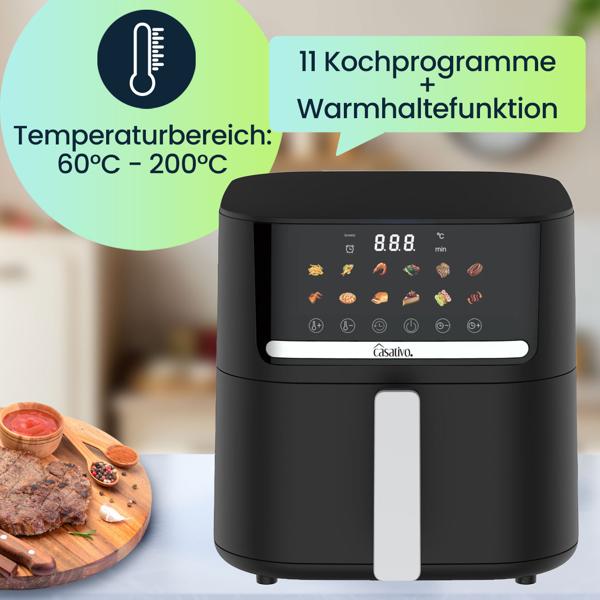 Premium Heissluftfritteuse mit 11 Koch-Programmen, 6,5 l, inkl. Silikonform, 1600 Watt - AirFryer mit LED Touch-Panel, matt schwarz, Antihaft