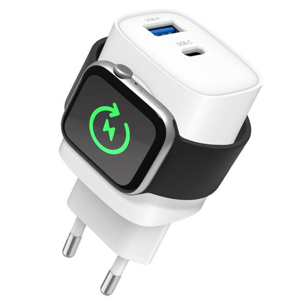 3in1 Ladegerät für Apple Watch Qi kabellos, iPhone & AirPods, Samsung über USB-A & USB-C Anschlüsse, weiss, Multifunktions-Schnellladeadapter