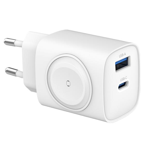 3in1 Ladegerät für Apple Watch Qi kabellos, iPhone & AirPods, Samsung über USB-A & USB-C Anschlüsse, weiss, Multifunktions-Schnellladeadapter