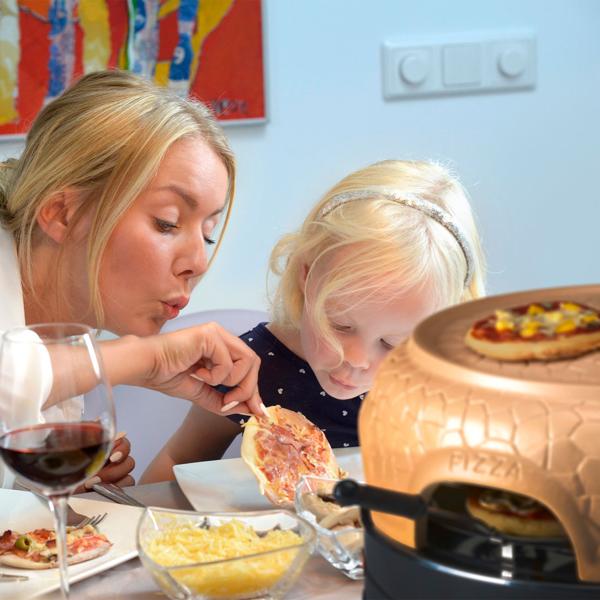 Pizzaofen mit Keramik-Kuppel für 6 Personen - 1000 Watt Leistung & Automatischer Thermostat - Spülmaschinenfest - Ideal für Pizza-Abende