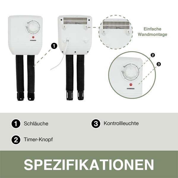 Effizienter elektrischer Schuhtrockner (250W): Schnelltrocknung für 1 Paar Schuhe / Ski Schuhe & Tauchanzüge. Einfache Montage & schonende Trocknung