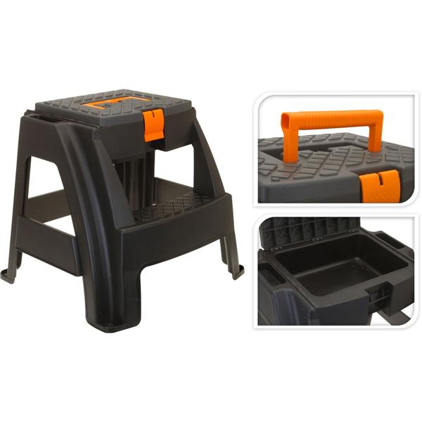 2-Stufen Tritthocker mit Werkzeugfach: Stabil, sicher, praktisch - schwarz, 47x40x43 cm - Ihr genialer Helfer für Haushalt & Werkstatt
