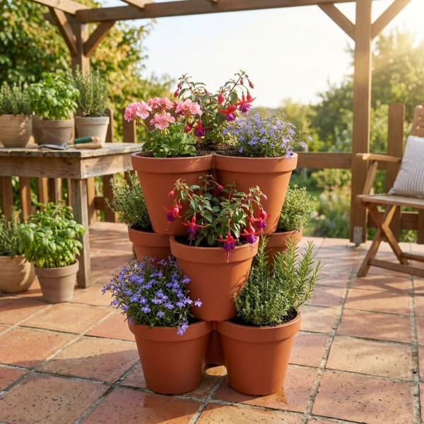 2er-Set kreative Blumentöpfe 3 Fächer - terracotta, Ø 44cm - Vielseitig & Dekorativ – Pflanzentopf für Kräuter, Blumen & mehr, Platzsparend & Modern
