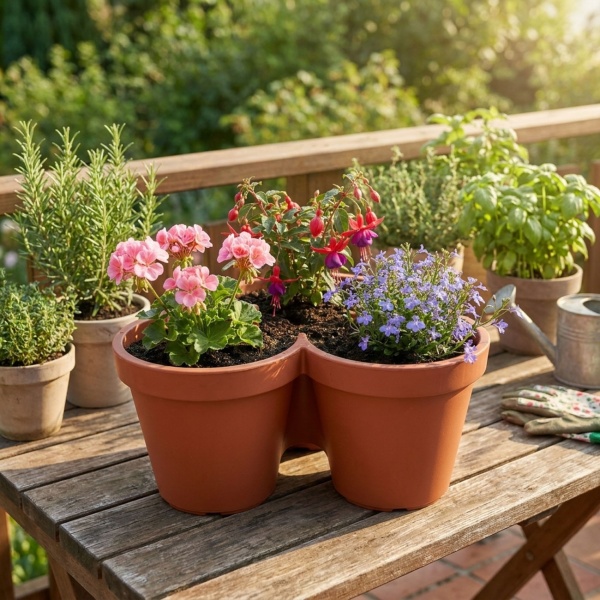 5er-Set Blumentopf mit 3 Fächern, Terracotta, Ø 44 cm – Praktische Pflanzschale, 3-geteilt, ideal für Kräuter & Blumen