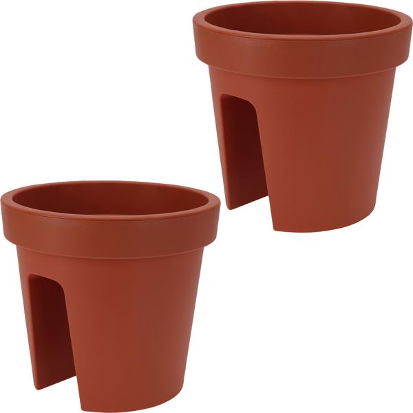 2er-Set Balkon-Blumentopf - runder Geländertopf, terracotta, Ø 28 cm - aus 100% recycelbarem Kunststoff für Geländer bis 6 cm Breite